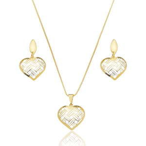 Conjunto Colar e Brinco Coração Vazado 2 cores - CJE 1259