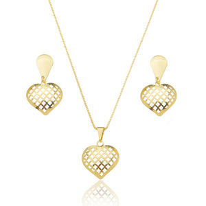 Conjunto Colar e Brinco Coração Vazado - CJE 1258